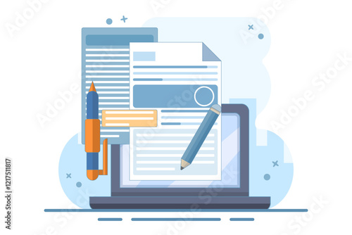 Concept Writing online text document content on desktop computer or creating essay or book on PC, writing script or editing web text file, reading blog article idea. flat cartoon illustration.