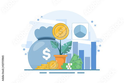 Concept Earn money to get rich, increase income and profit, investment profit growth, financial advisor or wealth management. watering money tree with big arrow. flat vector illustration.