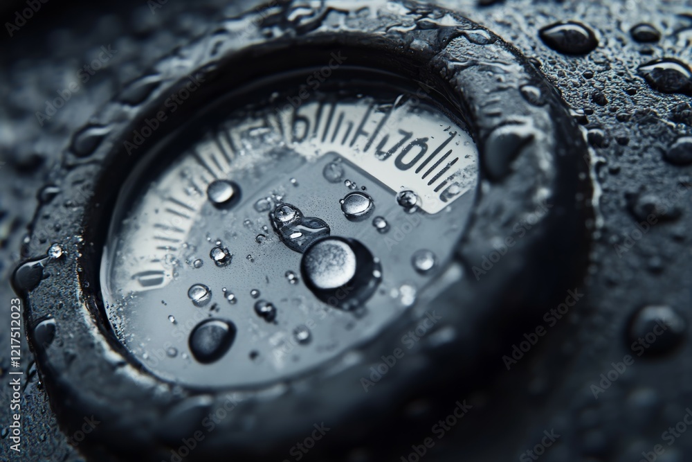Close-up detail of a water meter dial with droplets and reflections. Generative AI Close-up detail of a water meter dial with droplets and reflections. Generative AI