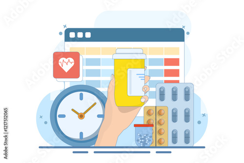 Medication calendar concept with daily pill reminder, organized healthcare routine, medical schedule planning, health tracking, prescription management, and medication-based alerts. Flat illustration.