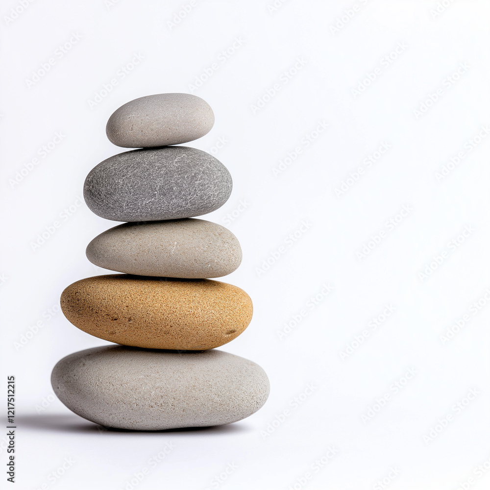 Balanced stones in stack, showcasing harmony and tranquility against white background. arrangement features gray and one golden stone, symbolizing balance and peace Balanced stones in stack, showcasing harmony and tranquility against white background. arrangement features gray and one golden stone, symbolizing balance and peace