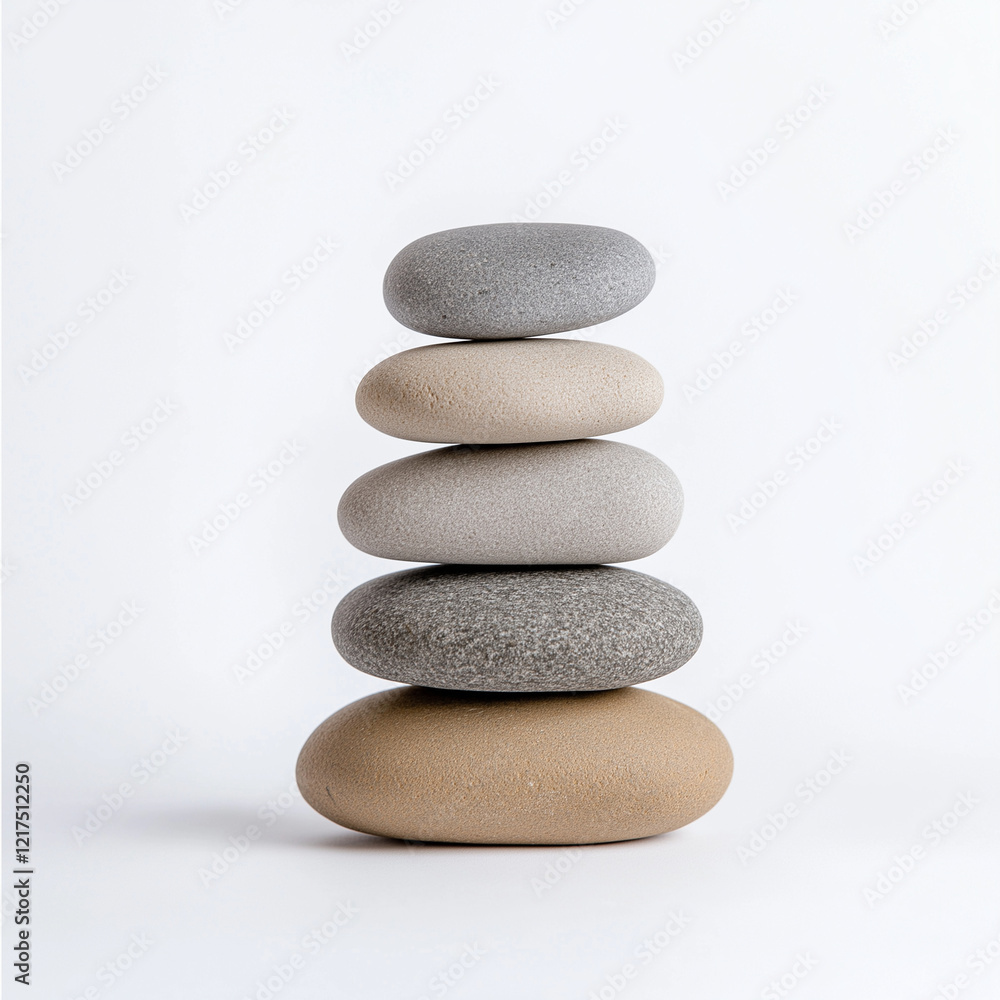 Balanced stones in stack, showcasing various shades of gray and beige, isolated on white background. This serene arrangement evokes sense of calm and tranquility Balanced stones in stack, showcasing various shades of gray and beige, isolated on white background. This serene arrangement evokes sense of calm and tranquility