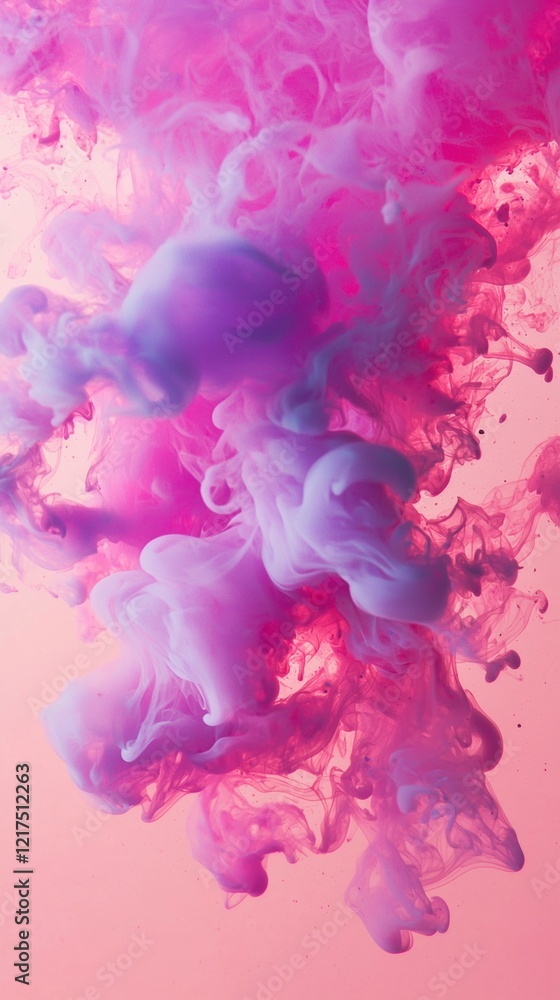 Fototapeta premium Pink and purple ink swirling together in water, creating a beautiful abstract cloud of color against a light pink background, perfect for backgrounds, wallpapers, and artistic projects