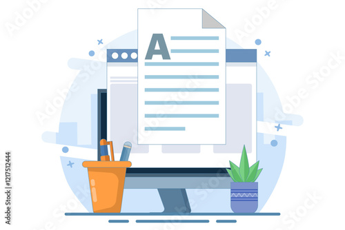 Concept Writing online text document content on desktop computer or creating essay or book on PC, writing script or editing web text file, reading blog article idea. flat cartoon illustration.