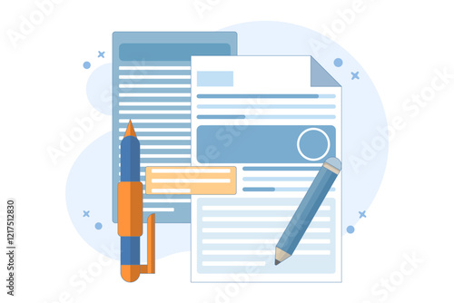 Concept Review of educational textbooks on creative writing and storytelling. Concept of storytelling, creative writing, pencil and paper, copywriting, flat vector illustration on background.
