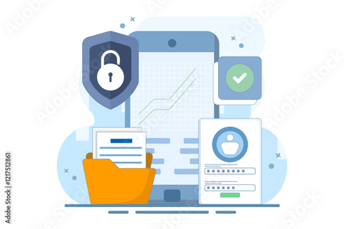 Mobile device security concept with password. Flat developer prepares security system to protect user account data and master password. Minimal vector illustration outline design style.