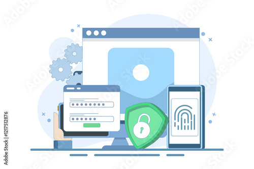 Flat general data security concept, personal information protection, database access control, cyber privacy, synchronized gadgets, cross-platform device regulation. Flat vector illustration.