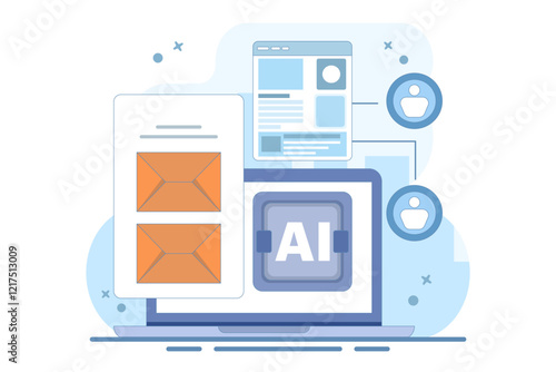 Email automation concept, AI based email campaign, Businesses use email automation to schedule and trigger customer messages to audiences. Flat vector illustration on background.
