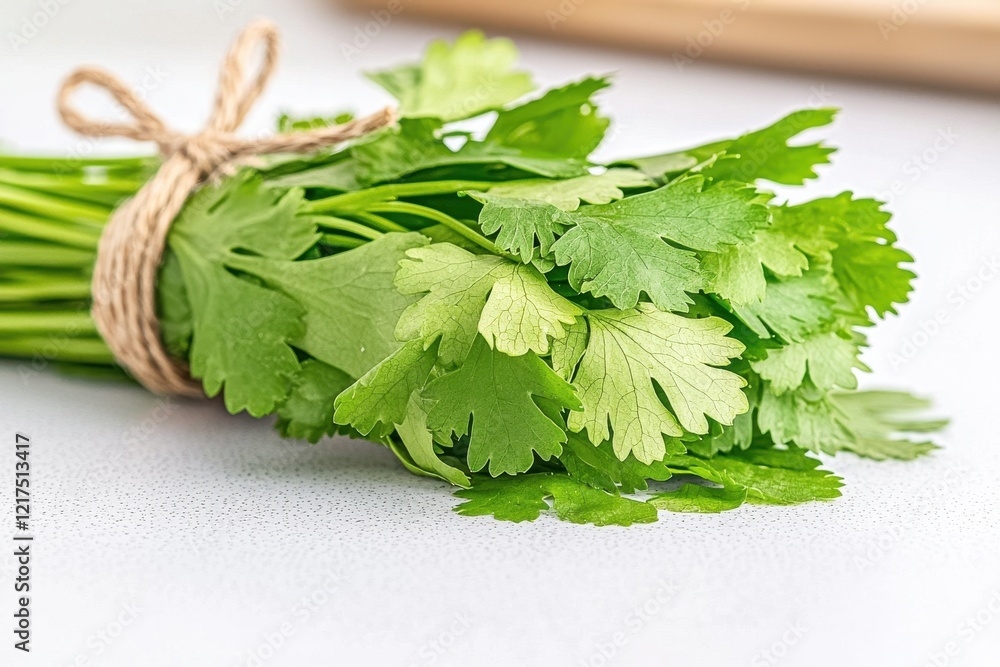 Fototapeta premium Fresh Green Coriander Leaves Bundle on Light Background