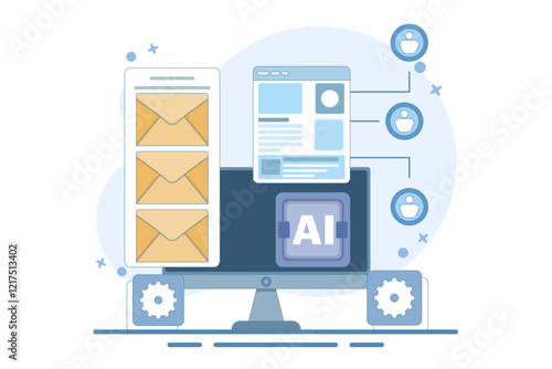 Email automation concept, AI based email campaign, Businesses use email automation to schedule and trigger customer messages to audiences. Flat vector illustration on background.