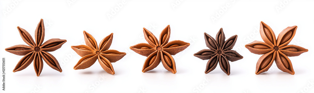 Star anise spices arranged in row, showcasing various shades of brown and texture. This aromatic spice is often used in cooking and baking, adding unique flavor to dishes Star anise spices arranged in row, showcasing various shades of brown and texture. This aromatic spice is often used in cooking and baking, adding unique flavor to dishes