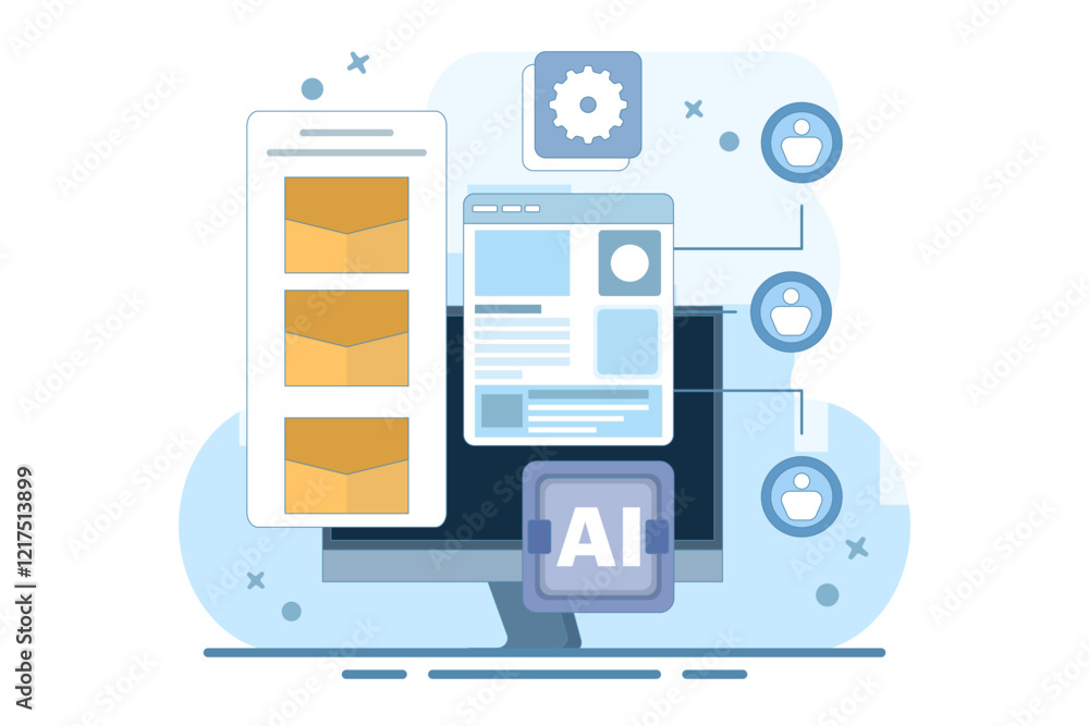 Email automation concept, AI based email campaign, Businesses use email automation to schedule and trigger customer messages to audiences. Flat vector illustration on background. Email automation concept, AI based email campaign, Businesses use email automation to schedule and trigger customer messages to audiences. Flat vector illustration on background.