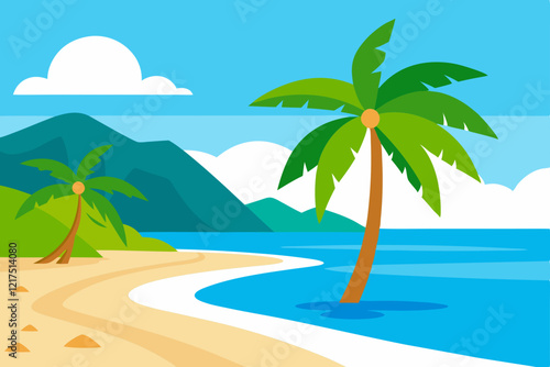tropical beach with palm trees and sun