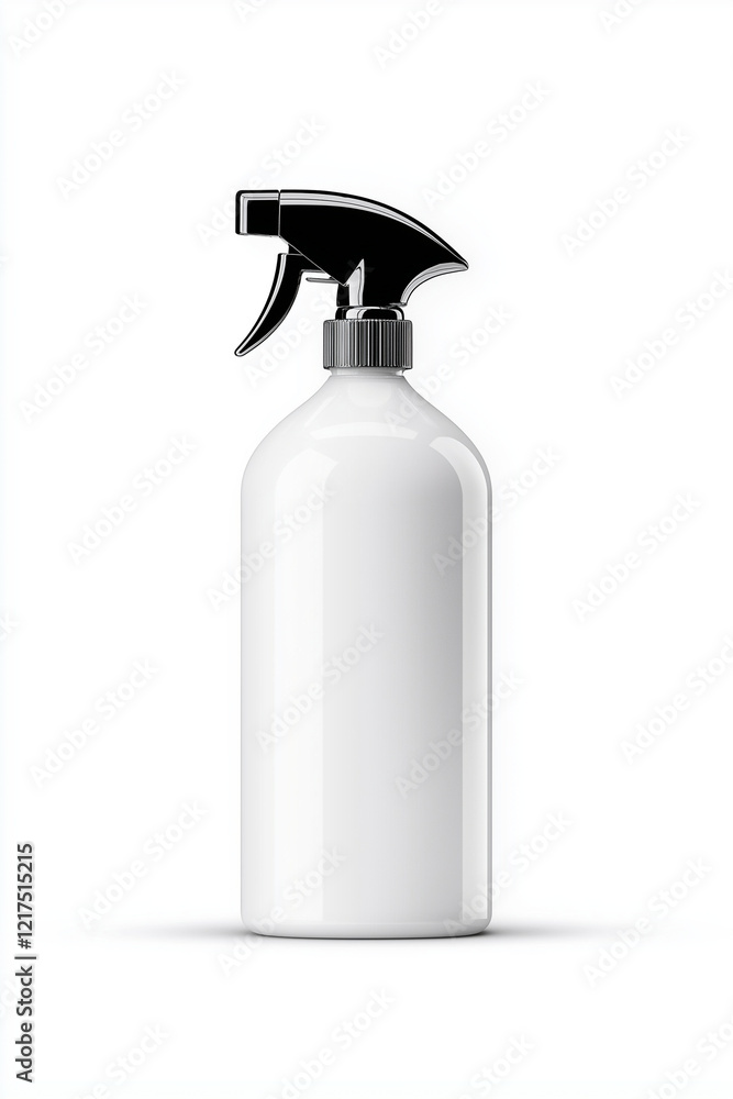 White spray bottle with black sprayer, isolated on white background, perfect for cleaning solutions or personal care products. Ideal for various uses and versatile applications White spray bottle with black sprayer, isolated on white background, perfect for cleaning solutions or personal care products. Ideal for various uses and versatile applications