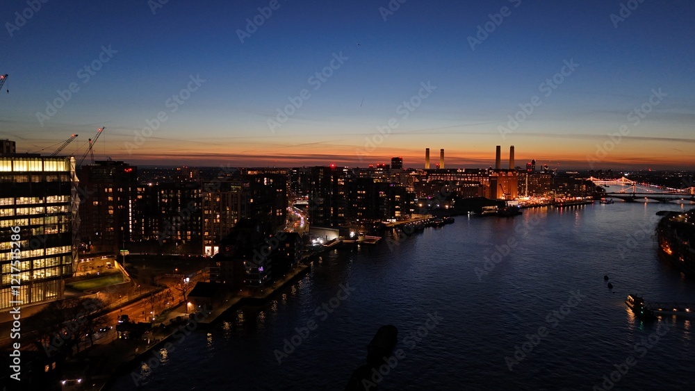 London UK Battersea Power Station 2025 at night aerial view London UK Battersea Power Station 2025 at night aerial view