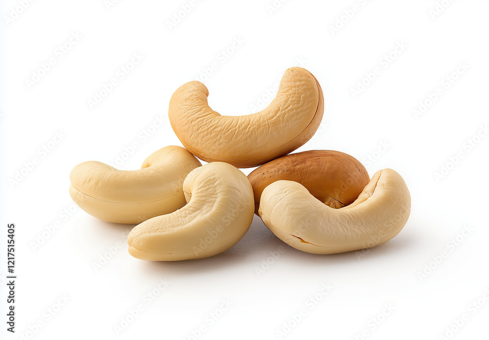 Cashew nuts arranged in pile on white background, showcasing their unique shapes and textures. These nuts are popular snack, known for their creamy flavor and nutritional benefits Cashew nuts arranged in pile on white background, showcasing their unique shapes and textures. These nuts are popular snack, known for their creamy flavor and nutritional benefits