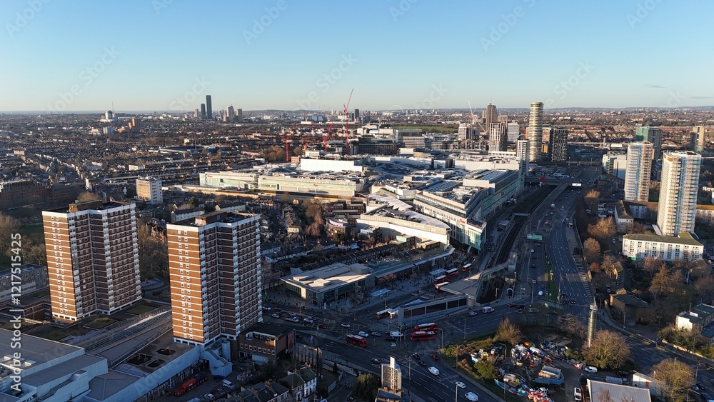 Fototapeta premium Tower blocks Sheppards Bush London UK Westfields shopping centre drone,aerial .