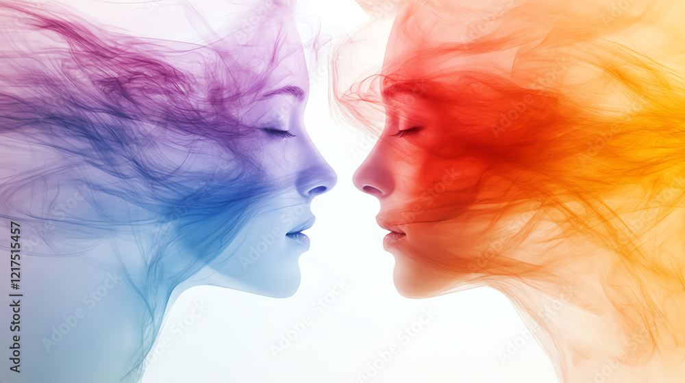 Abstract face silhouettes in colorful smoke effect. Used in couple therapy and relationship psychology materials. Abstract face silhouettes in colorful smoke effect. Used in couple therapy and relationship psychology materials.