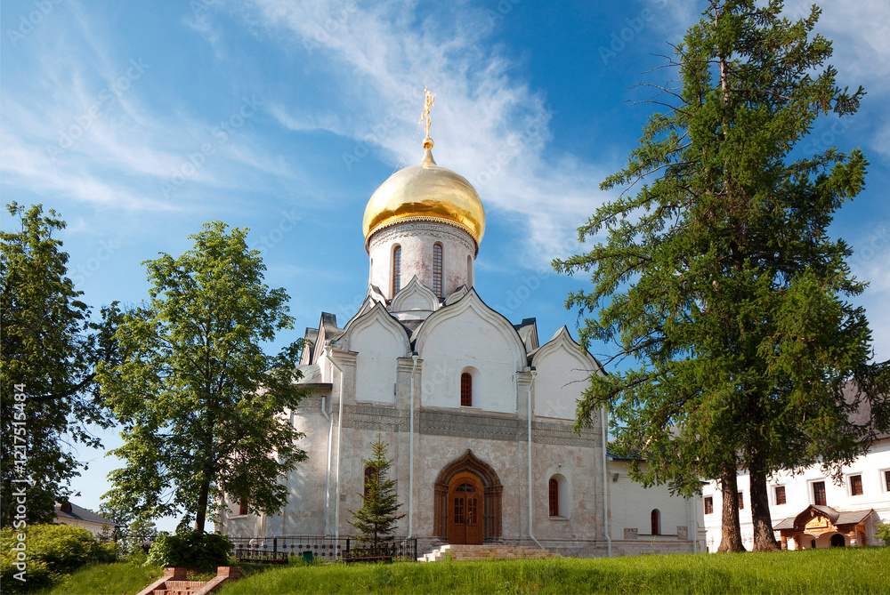 Architectural ensemble of the Savvino-Storozhevsky Monastery in Zvenigorod, Cathedral of the Nativity of the Virgin, early 15th century. Moscow Region, Russia
