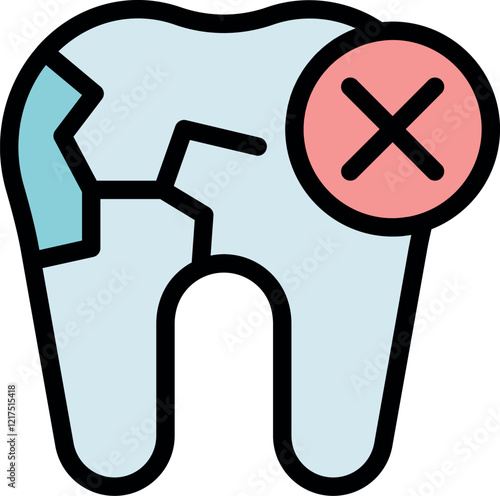 Cartoon drawing of a damaged tooth with visible cracks and a red cross, indicating dental problems and the need for treatment