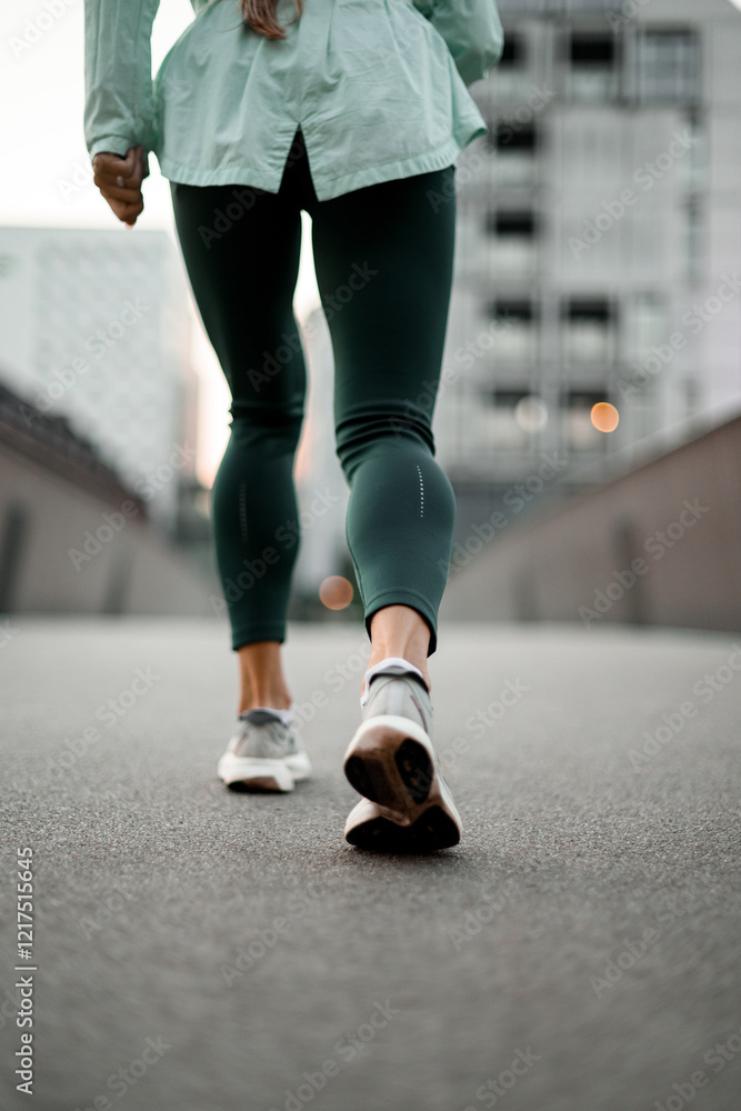 Back view of female athlete's legs in sneakers starting a run Back view of female athlete's legs in sneakers starting a run
