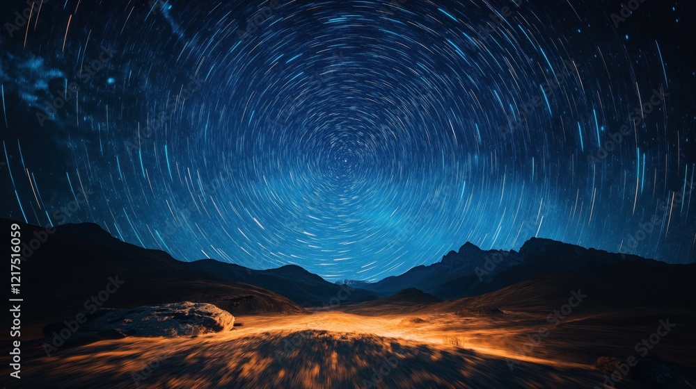 Fototapeta premium Star trails over a mountain landscape with glowing ground illumination