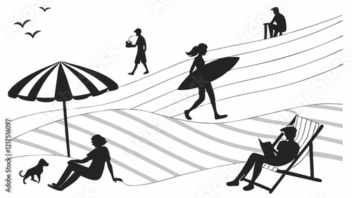 silhouettes of skiers on a resort, vector 