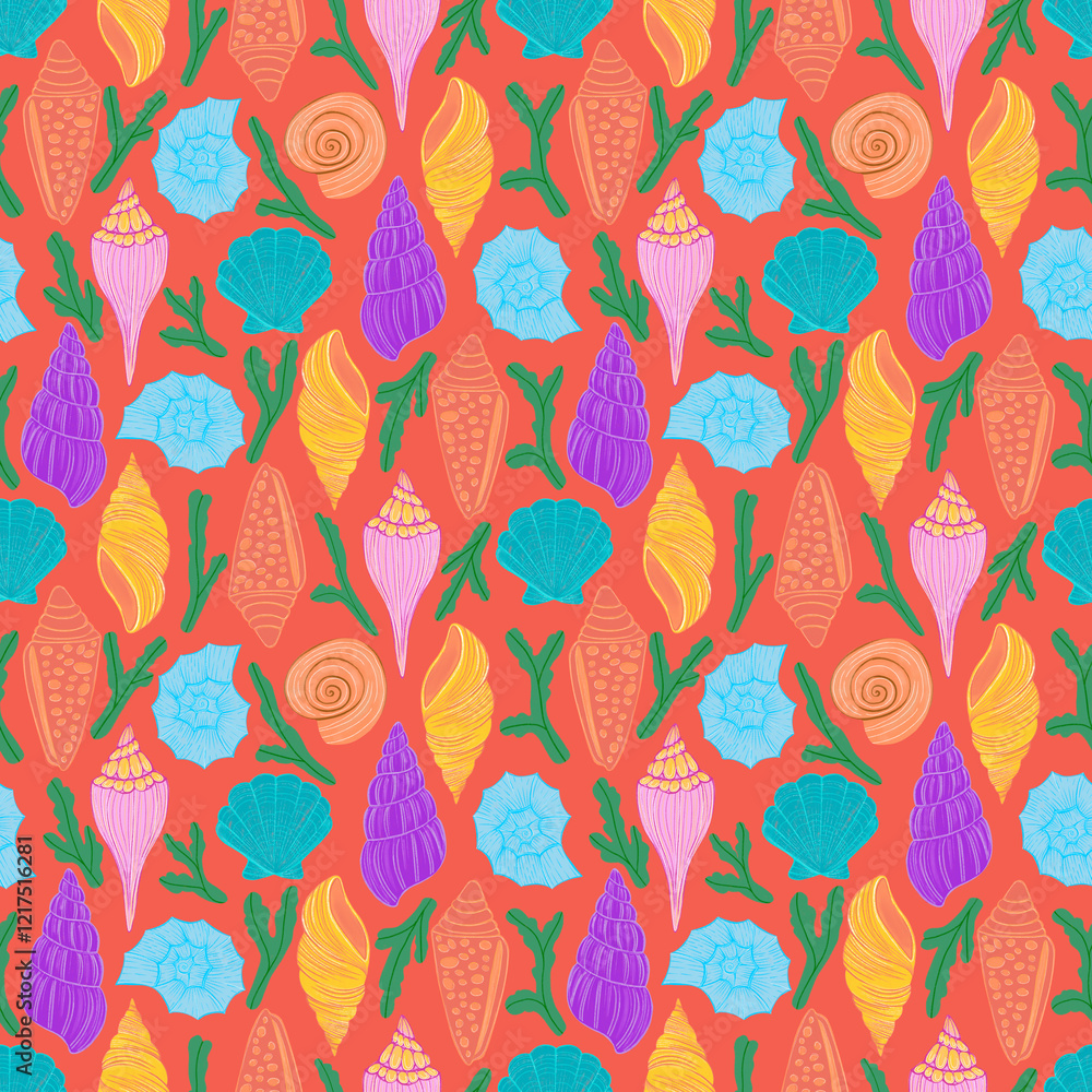 Seamless seashell pattern.Vibrant ocean shells in bright colors. Underwater themed background. Perfect for textiles, wallpapers, wrapping, packaging, stationary, decorations, crafts, fabrics. Seamless seashell pattern.Vibrant ocean shells in bright colors. Underwater themed background. Perfect for textiles, wallpapers, wrapping, packaging, stationary, decorations, crafts, fabrics.
