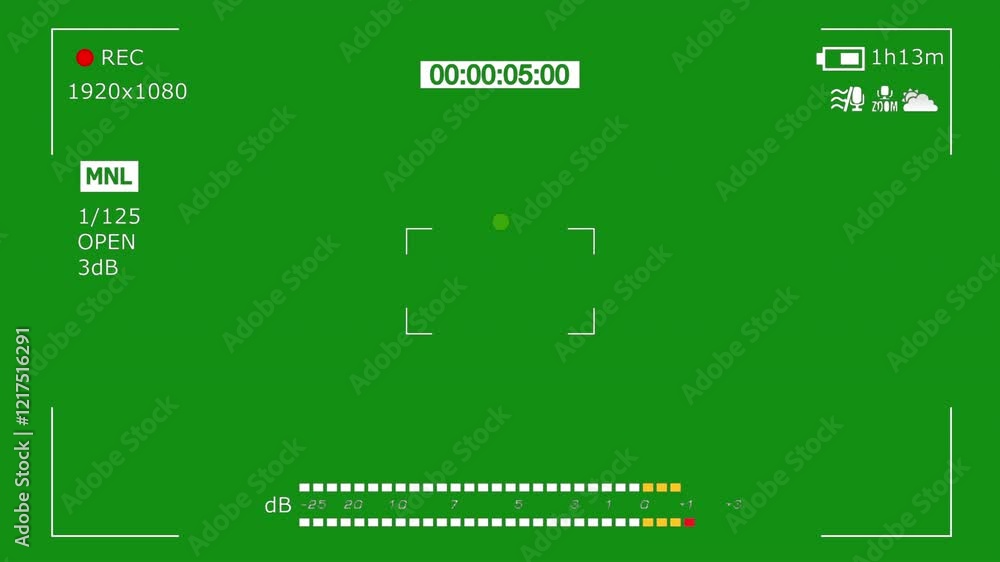 Camcorder viewfinder with green screen. Recording concept with timecode. Camera recording screen overlay