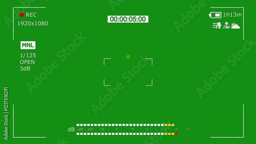 Camcorder viewfinder with green screen. Recording concept with timecode. Camera recording screen overlay