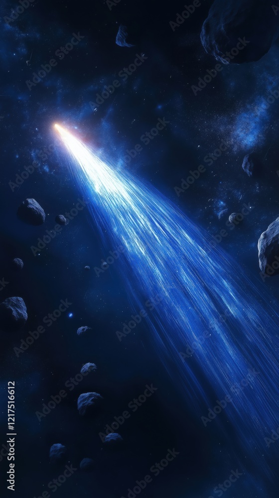 Naklejka premium Bright comet streaking through asteroid belt in deep space