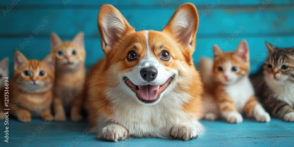 Corgi and Kittens: A happy corgi dog smiles widely, surrounded by adorable kittens, creating a heartwarming scene of interspecies friendship. Corgi and Kittens: A happy corgi dog smiles widely, surrounded by adorable kittens, creating a heartwarming scene of interspecies friendship.