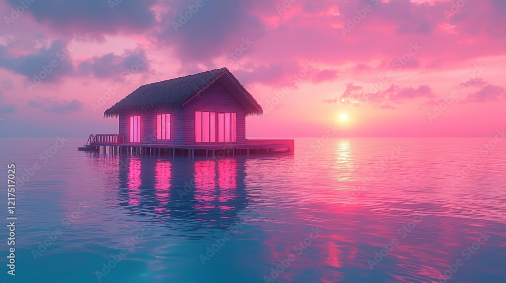 Overwater bungalow at sunset, reflecting pink light on calm ocean. Overwater bungalow at sunset, reflecting pink light on calm ocean.