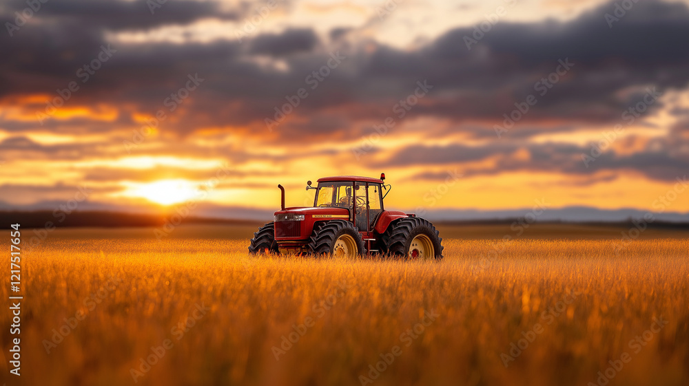red tractor in golden field at sunset red tractor in golden field at sunset