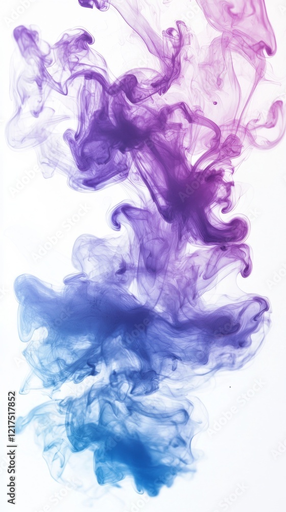 Colorful ink clouds are swirling and mixing in water creating abstract shapes and textures with a gradient of colors from purple to blue on a white background Colorful ink clouds are swirling and mixing in water creating abstract shapes and textures with a gradient of colors from purple to blue on a white background