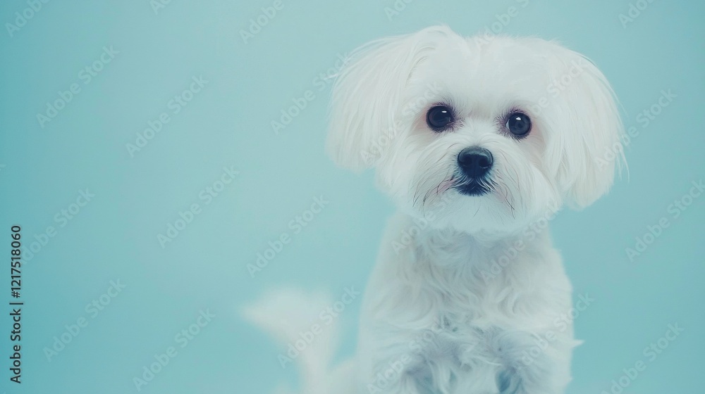 Small, fluffy maltese dog posing against a light blue seamless background, creating a charming and clean portrait with ample copy space, radiating innocence and sweetness Small, fluffy maltese dog posing against a light blue seamless background, creating a charming and clean portrait with ample copy space, radiating innocence and sweetness