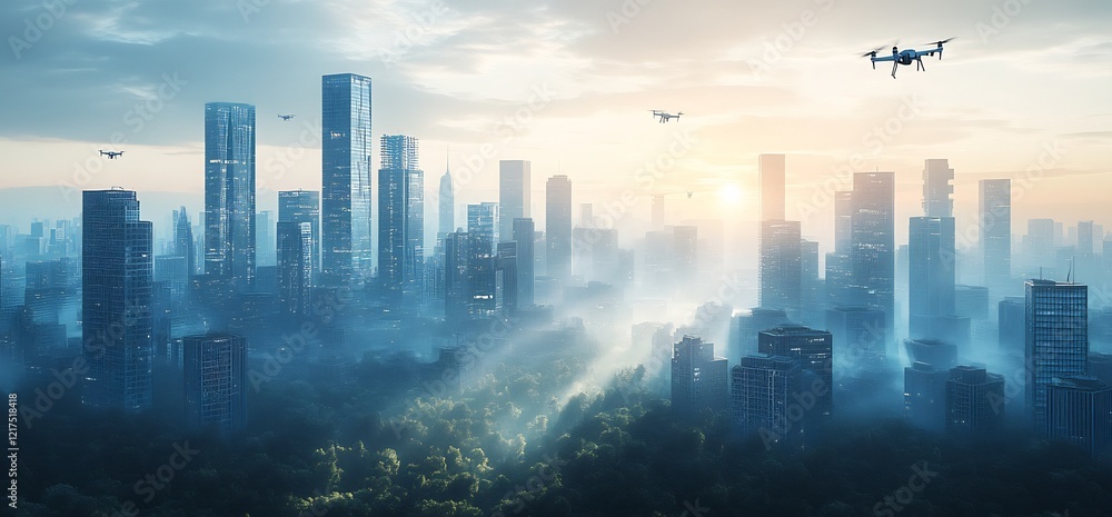 Cityscape with Drones and Foggy Skyline showing a mix of Nature and Modern Architecture