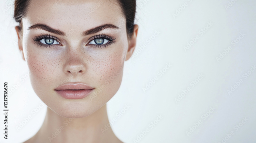 Naklejka premium Close-up portrait of beautiful young woman with clear skin and freckles, showcasing natural beauty and healthy skincare routine on white background