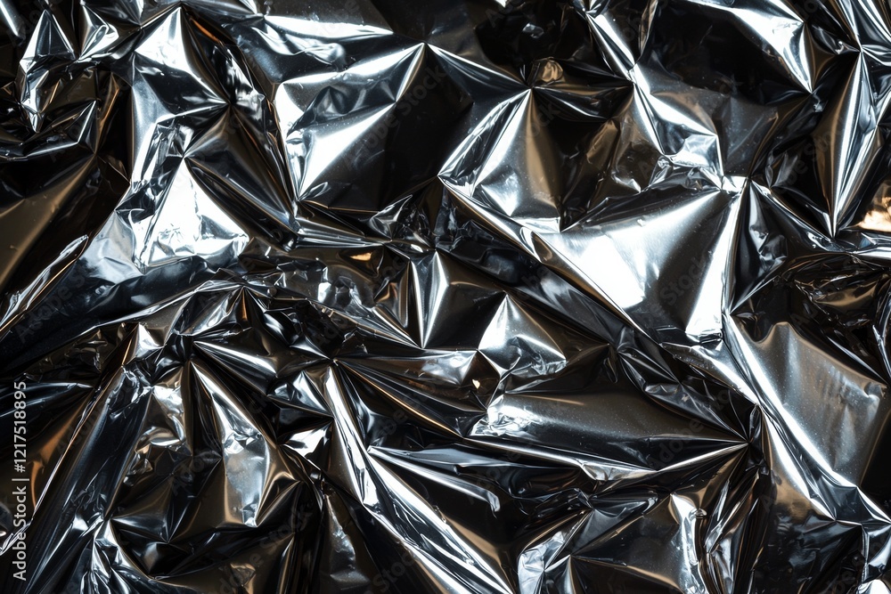 Shiny black plastic sheet featuring folds and wrinkles, creating an abstract textured background that reflects light and shadows, enhancing the visual depth and interest Shiny black plastic sheet featuring folds and wrinkles, creating an abstract textured background that reflects light and shadows, enhancing the visual depth and interest