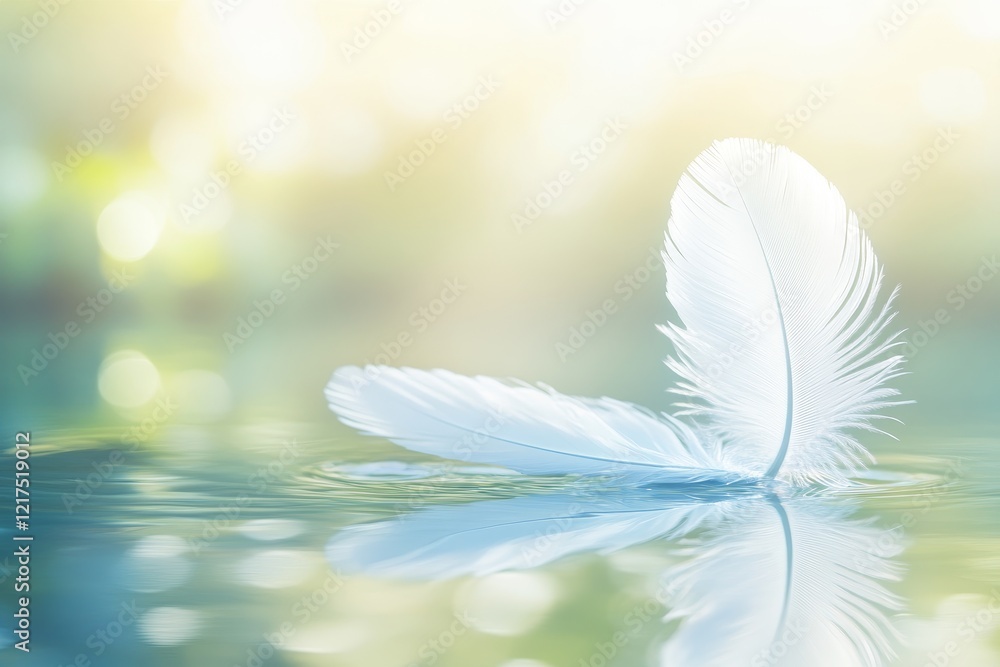 Naklejka premium Serene Water Reflection of a Delicate White Feather on a Calm Surface with Soft Bokeh Lighting Creating a Tranquil Atmosphere of Peace and Purity