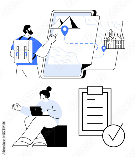 Traveler using map with landmarks, woman working remotely on a laptop, and clipboard checklist with checkmark. Ideal for travel, remote work, planning, organization, adventure, productivity abstract