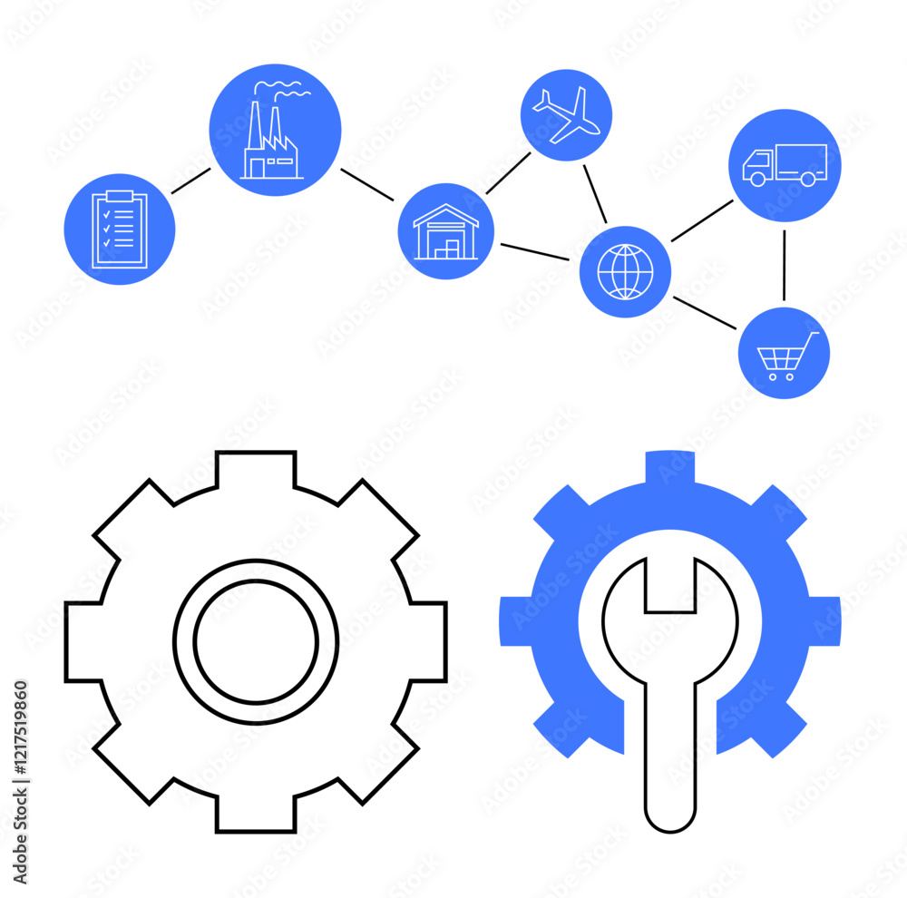 Flowchart of supply chain with factory, warehouse, airplane, truck, globe, and shopping cart icons. Gears with wrench symbolize industrial optimization. Ideal for logistics, production inventory Flowchart of supply chain with factory, warehouse, airplane, truck, globe, and shopping cart icons. Gears with wrench symbolize industrial optimization. Ideal for logistics, production inventory