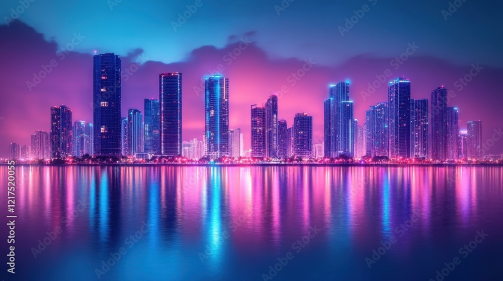 Obraz premium Neon Coastal City Skyline with Glowing Lights Reflection