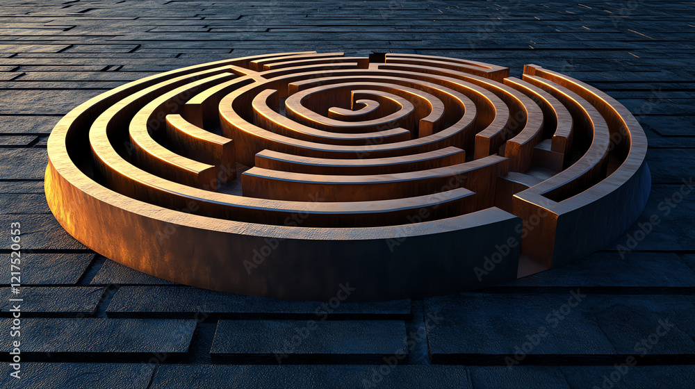 Wooden circular maze on dark surface. Used in problem-solving therapy and decision-making processes. Wooden circular maze on dark surface. Used in problem-solving therapy and decision-making processes.