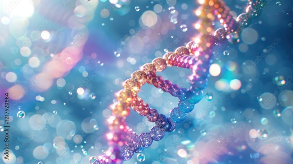 Radiant rainbow DNA double helix spiral surrounded by light bokeh and bubbles, creating a magical blue scene Radiant rainbow DNA double helix spiral surrounded by light bokeh and bubbles, creating a magical blue scene