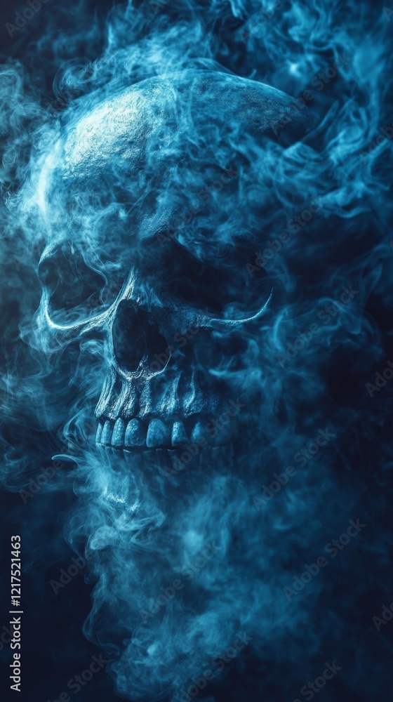 Fototapeta premium A visual art of a scary skull with blue smoke on dark background. Scary skull in blue smoke with copy space.