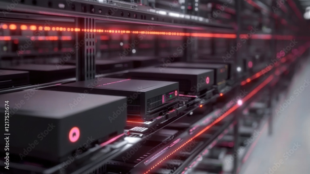 Fototapeta premium An intricate view of an automated inventory system showcasing RFID sensors embedded in racks with animated pulses of 5G signal flowing between the devices.