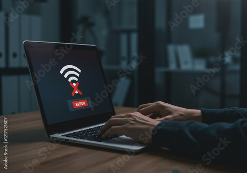 APTOP, HANDS AND NO INTERNET CONNECTION FOR PROBLEM, ERROR, TECHNOLOGY AND FAILURE. COMPUTER, SCREEN, WIFI, SIGNAL, NETWORK AND OFFLINE WITH ISSUE, BUG AND ACCESS IN OFFICE, WORKPLACE photo