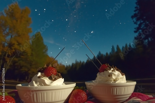 Nightcap under the Stars: Two bowls of decadent strawberry desserts, topped with whipped cream and chocolate shavings, sit under a breathtaking night sky filled with stars and the Milky Way.