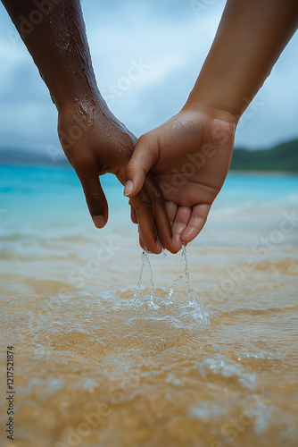 Photo d’un couple marchant sur une plage au coucher du soleil, mains entrelacées
